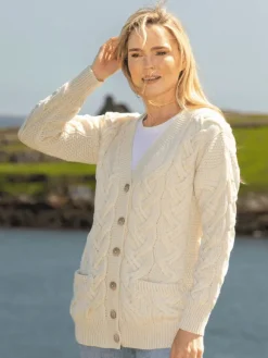 Fashion Sweater Shop Super Soft Aran V Neck Cardigan Natural