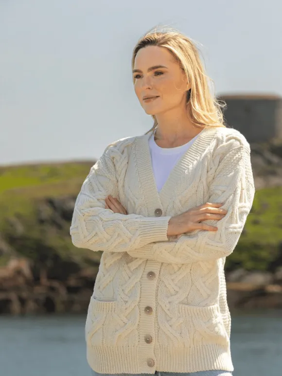 Fashion Sweater Shop Super Soft Aran V Neck Cardigan Natural