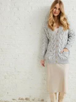New Sweater Shop Super Soft Aran V Neck Cardigan Silver