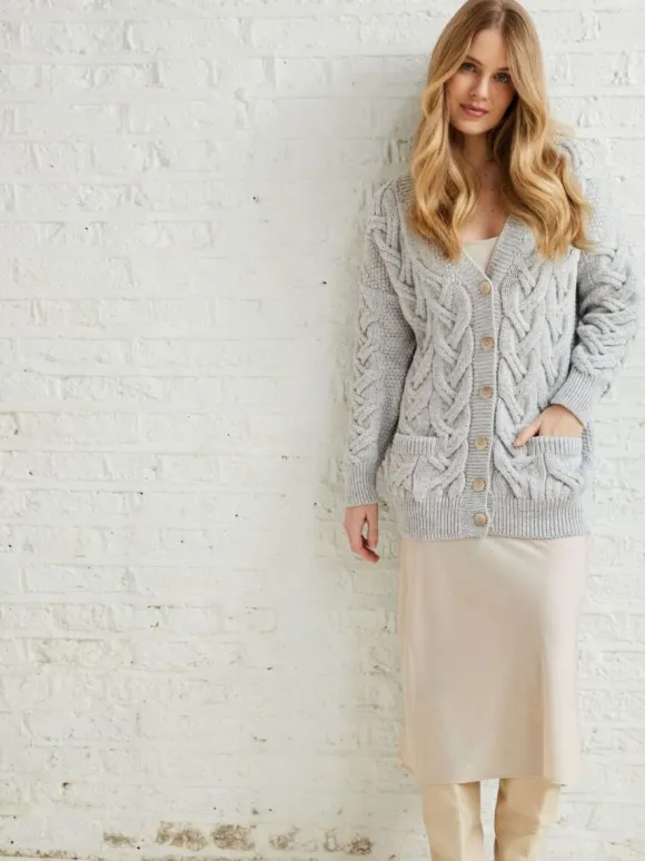 New Sweater Shop Super Soft Aran V Neck Cardigan Silver