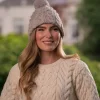Clearance Sweater Shop Super Soft Cable Knit Hat with pom pom Beige