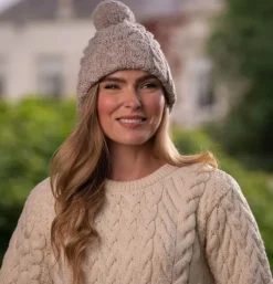 Clearance Sweater Shop Super Soft Cable Knit Hat with pom pom Beige
