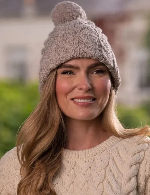 Clearance Sweater Shop Super Soft Cable Knit Hat with pom pom Beige