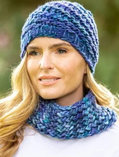 Sale Sweater Shop Super Soft Handmade in Ireland Snood and Spiral Hat Set - Blue Mix