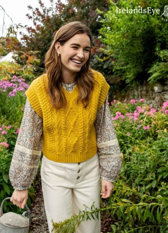 Hot Sweater Shop Sweetpea V Neck Aran Vest Sunflower