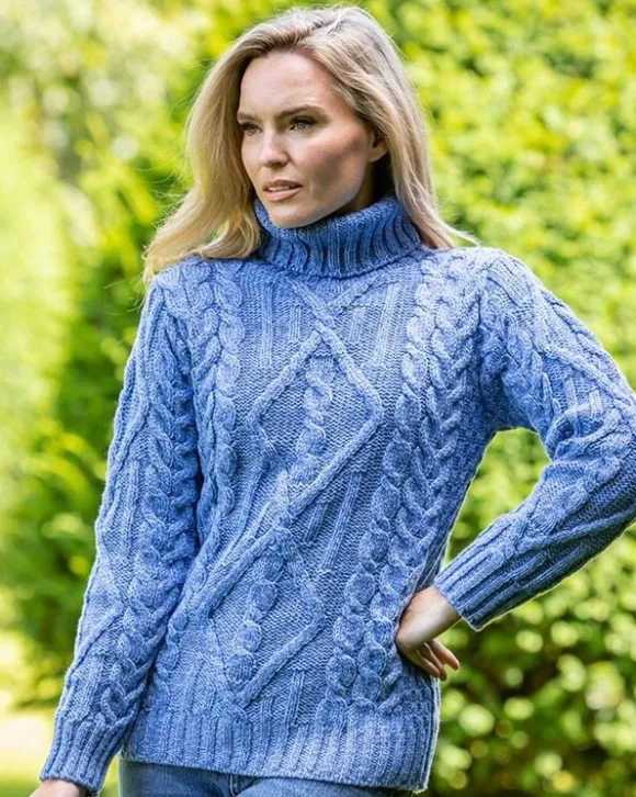 Hot Sweater Shop Turtleneck Aran Sweater Blue