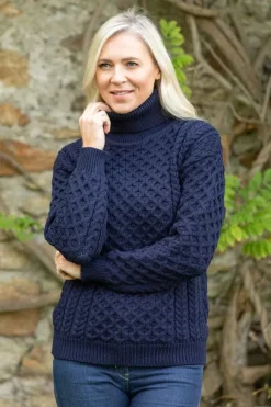 New Sweater Shop Unisex Aran Turtleneck Sweater Navy