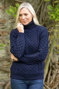 New Sweater Shop Unisex Aran Turtleneck Sweater Navy