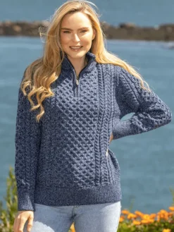 Hot Sweater Shop Unisex Half Zip Merino Wool Sweater Denim marl