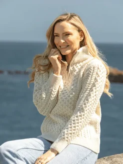 Fashion Sweater Shop Unisex Half Zip Merino Wool Sweater Natural