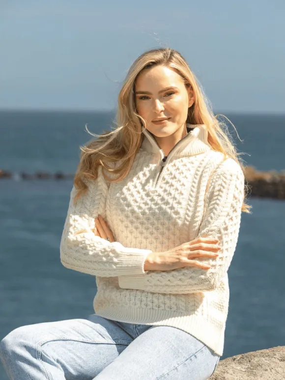 Fashion Sweater Shop Unisex Half Zip Merino Wool Sweater Natural