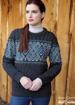 Sale Sweater Shop Unisex Jacquard Crew 100% Merino Wool Charcoal