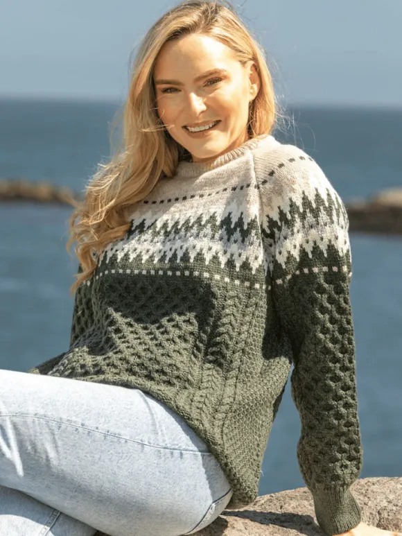 Best Sweater Shop Unisex Merino Wool Aran Fairisle Sweater Army