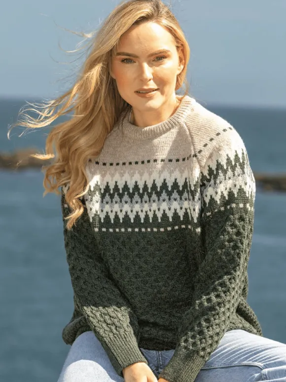 Best Sweater Shop Unisex Merino Wool Aran Fairisle Sweater Army