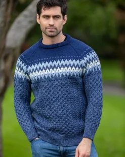 Outlet Sweater Shop Unisex Merino Wool Aran Fairisle Sweater Denim