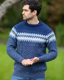Outlet Sweater Shop Unisex Merino Wool Aran Fairisle Sweater Denim