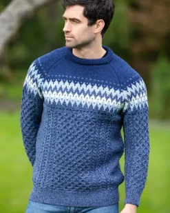 Outlet Sweater Shop Unisex Merino Wool Aran Fairisle Sweater Denim
