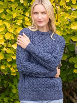 Outlet Sweater Shop Unisex Merino Wool Aran Sweater Denim Marl