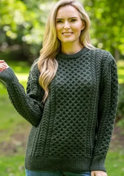 Discount Sweater Shop Unisex Merino Wool Aran Sweater Army Green