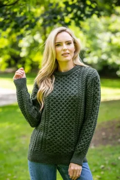 Discount Sweater Shop Unisex Merino Wool Aran Sweater Army Green