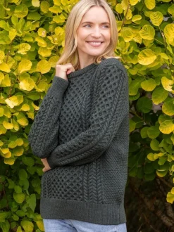 Discount Sweater Shop Unisex Merino Wool Aran Sweater Army Green