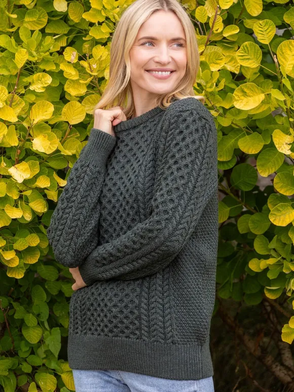 Discount Sweater Shop Unisex Merino Wool Aran Sweater Army Green