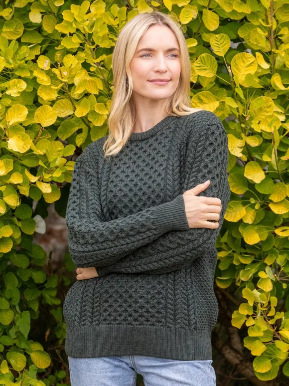 Discount Sweater Shop Unisex Merino Wool Aran Sweater Army Green