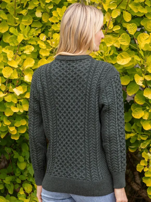 Discount Sweater Shop Unisex Merino Wool Aran Sweater Army Green