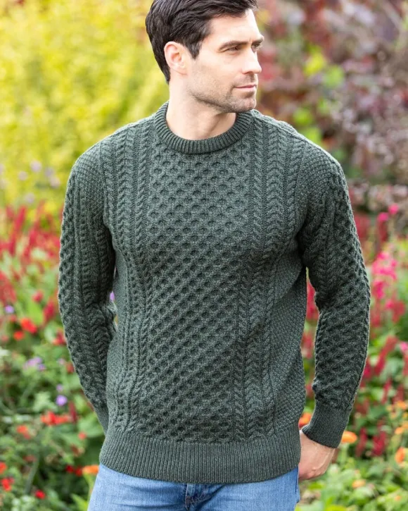Hot Sweater Shop Unisex Merino Wool Aran Sweater - Army Green