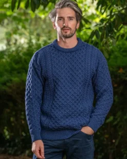Outlet Sweater Shop Unisex Merino Wool Aran Sweater Denim Blue