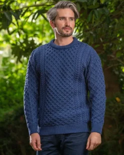 Outlet Sweater Shop Unisex Merino Wool Aran Sweater Denim Blue