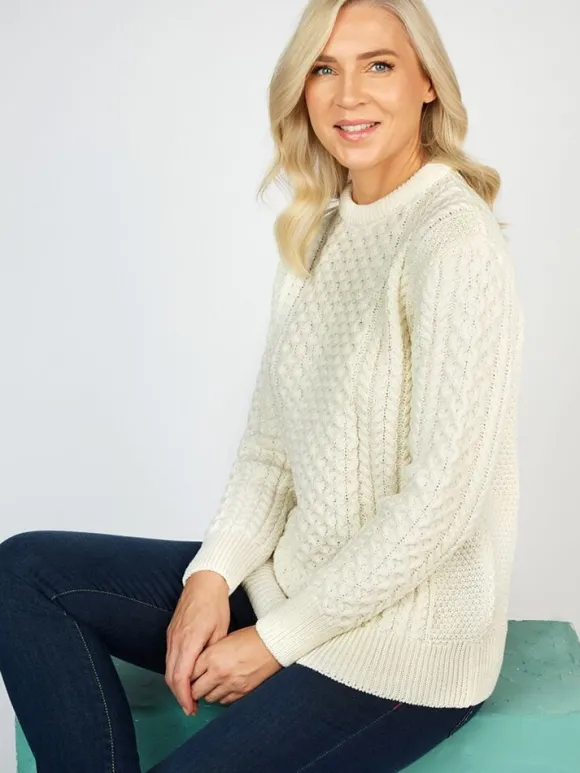 Outlet Sweater Shop Unisex Merino Wool Aran Sweater Natural