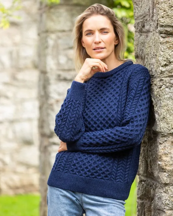 Clearance Sweater Shop Unisex Merino Wool Aran Sweater Deep Water Blue