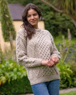 New Sweater Shop Unisex Pure Wool Aran Sweater Oatmeal Fleck