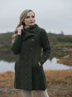 Sale Sweater Shop Womens Long Coat with Chunky Collar Green