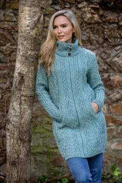 Online Sweater Shop Womens Long Fitted Aran Coat - Aqua