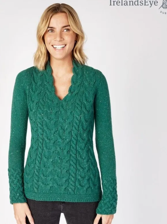 Online Sweater Shop Wool and Cashmere Cable v Neck Sweater - Green Garden