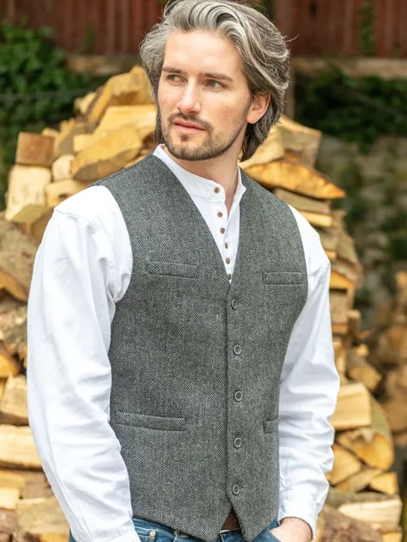 Fashion Sweater Shop Wool Blend Lined Waistcoat Grey Herringbone